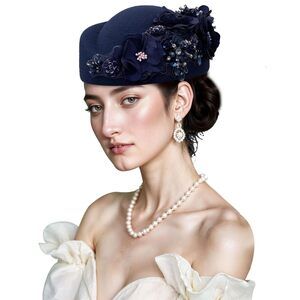 4582 British Retro Felt Hat Women Rhinestone Floral Church Derby Hat Classic